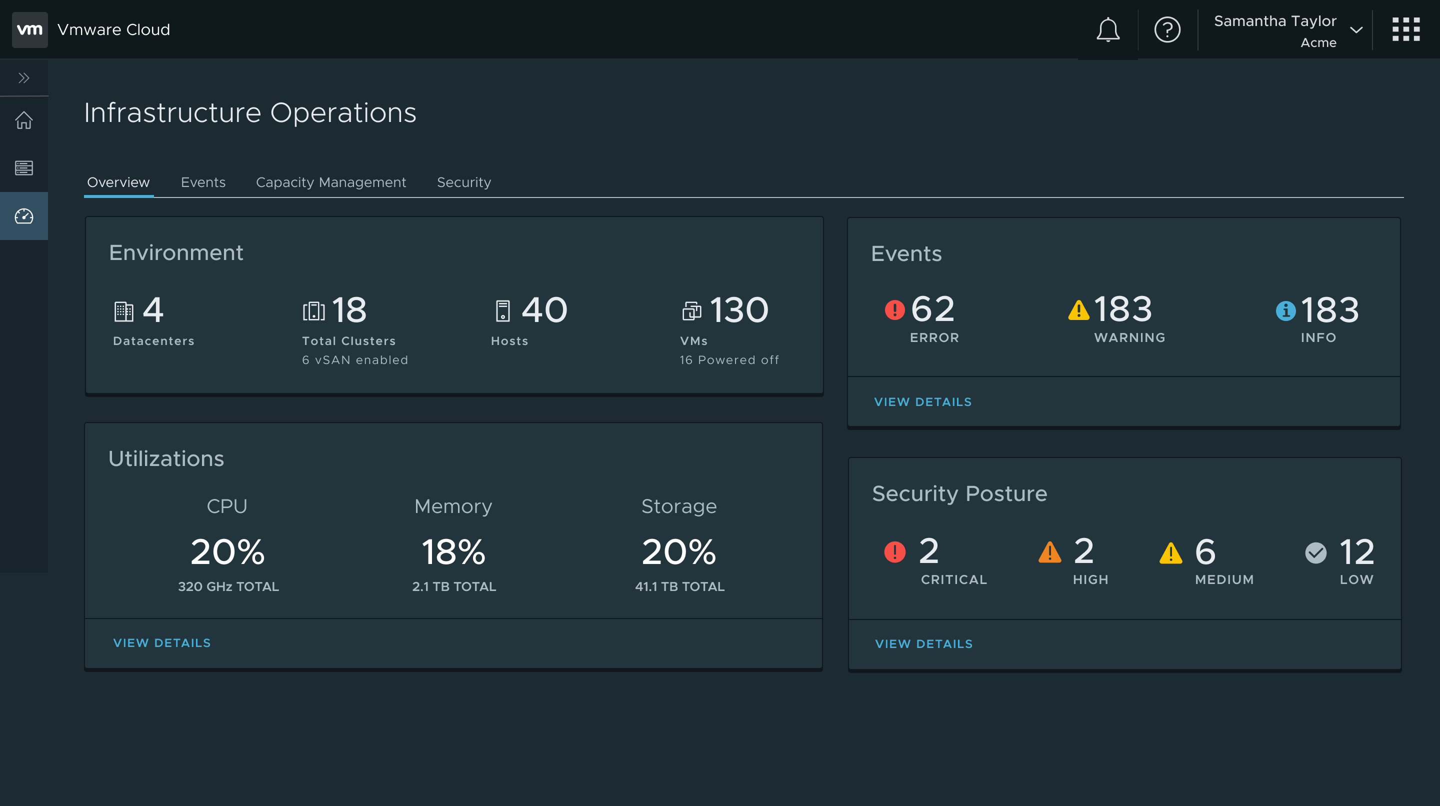 VMware Operations — overview dashboard design option 1