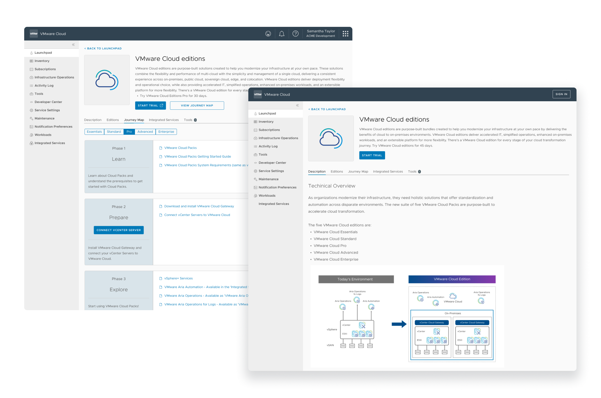 VMware Free Trial — control panel trial design
